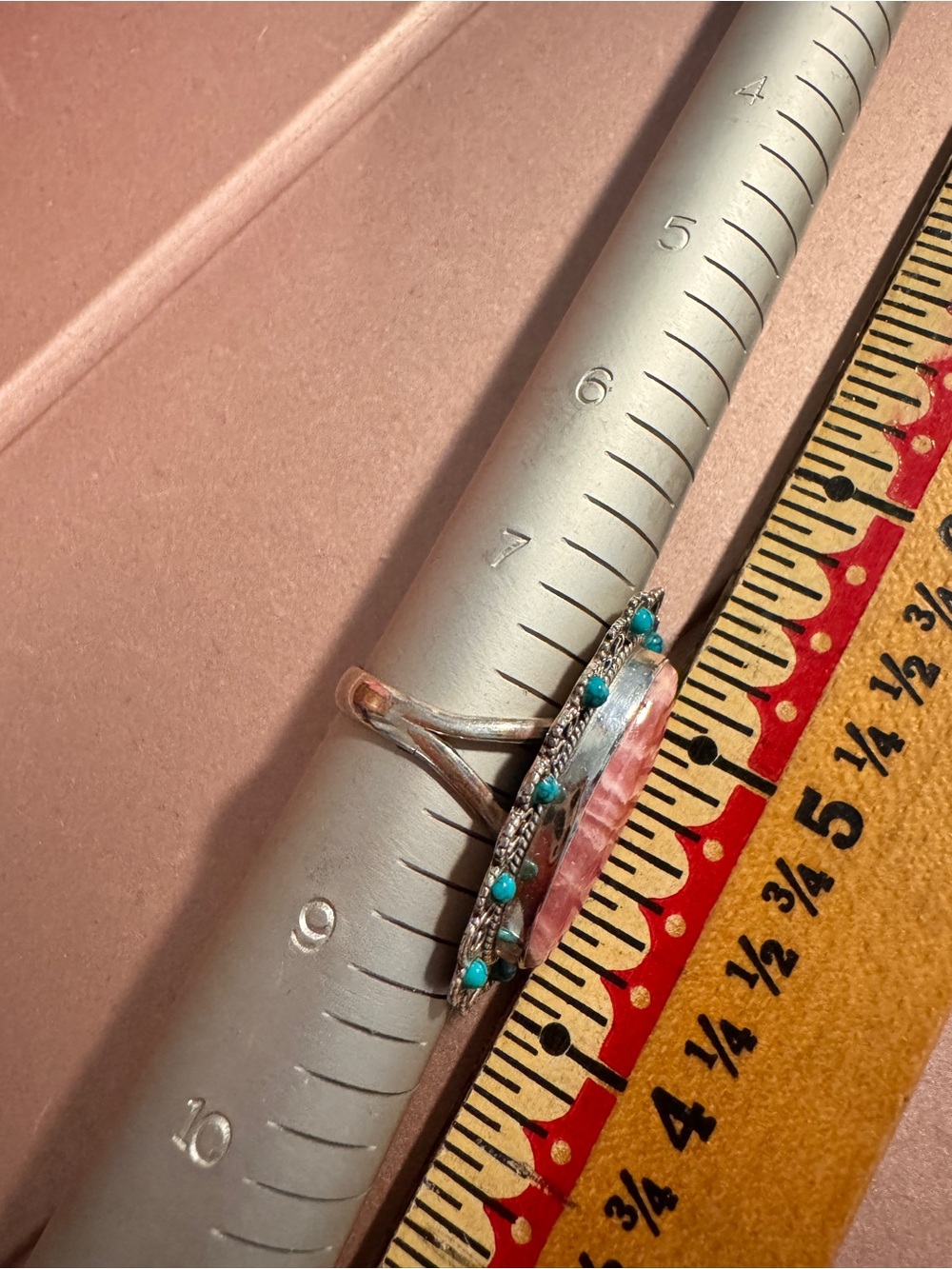 925 Sterling Silver Pink Stone and Turquoise Accent Silver Ring Sz 8 - Picture 3 of 9